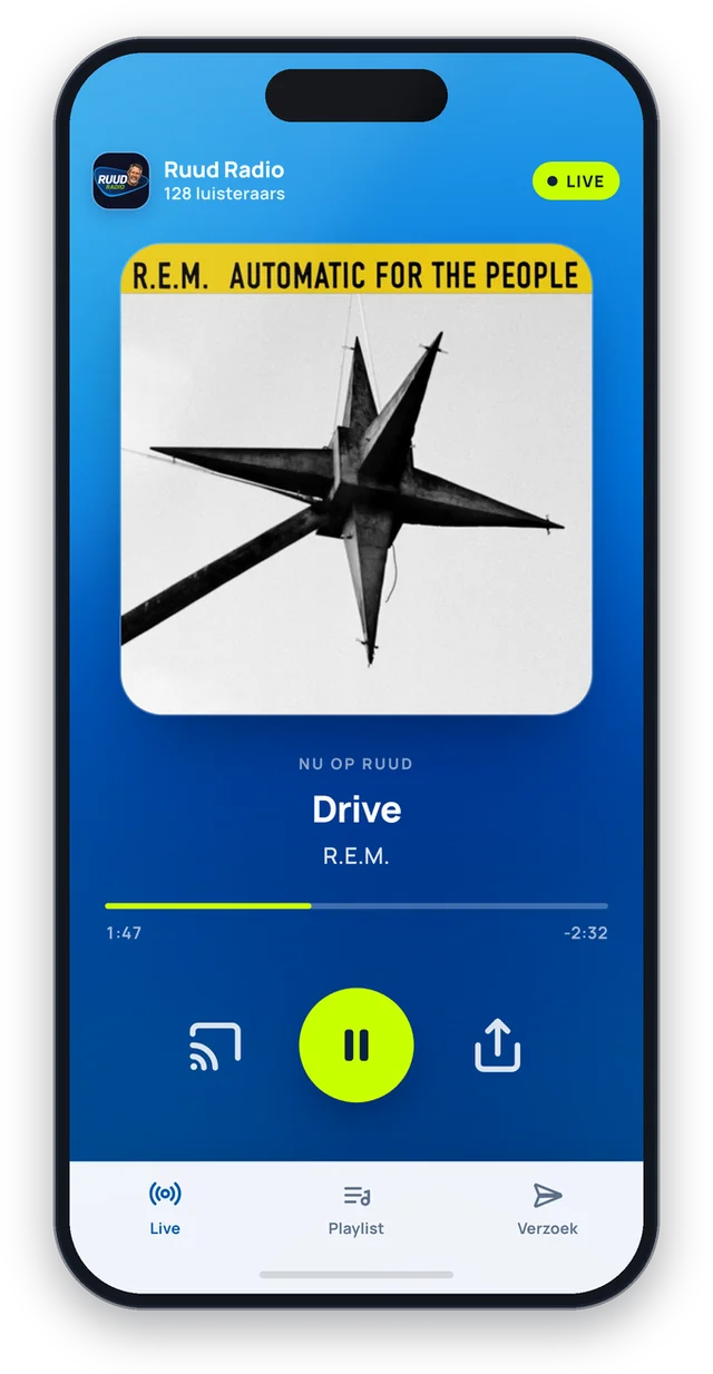 The live screen of the Ruud radio app